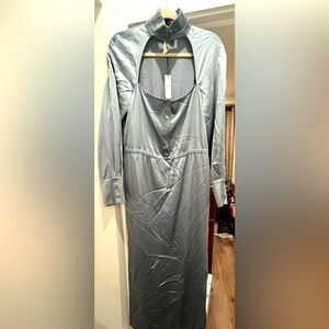 Fleur Du Mal Steel Blue Silk Cut Out Button up w/ Bow Long Sleeve Dress Size 10